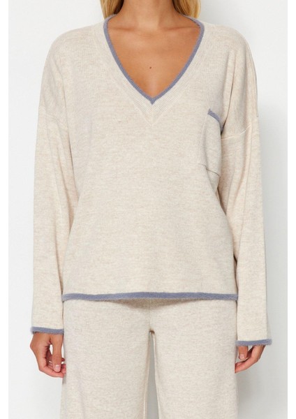 Tarz Kadın Modern Normal Bel Dar Paça V Yaka Geniş Kalıp Tüylü Iplik Garnili Triko Alt-Üst Takım fırsatları