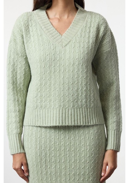 Tarz Kadın Modern Moda Normal Bel Boru Paça V Yaka Yünlü Saç Örgü Triko Alt-Üst Takım