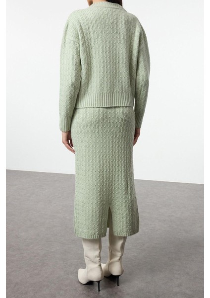 Tarz Kadın Modern Moda Normal Bel Boru Paça V Yaka Yünlü Saç Örgü Triko Alt-Üst Takım modelleri