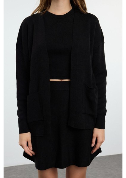 Tarz Kadın Modern Moda Normal Bel Boru Paça Ceket Yaka Etek-Bluz-Hırka Üçlü Triko Alt-Üst Takım fırsatları