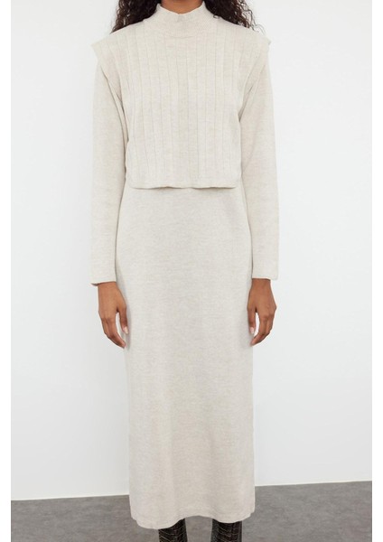 Tarz Kadın Modern Moda Normal Bel Boru Paça Dik Yaka Triko Süveter Elbise Takım modelleri