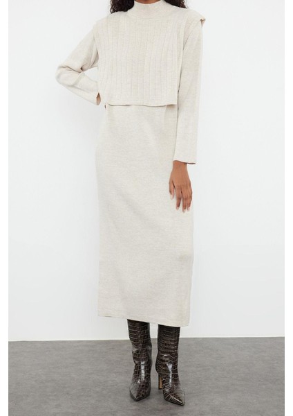 Tarz Kadın Modern Moda Normal Bel Boru Paça Dik Yaka Triko Süveter Elbise Takım fırsatları