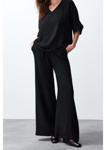 Tarz Kadın Modern Moda Normal Bel Boru Paça V Yaka V Yaka Dokuma Bluz-Pantolon Takım fiyatları