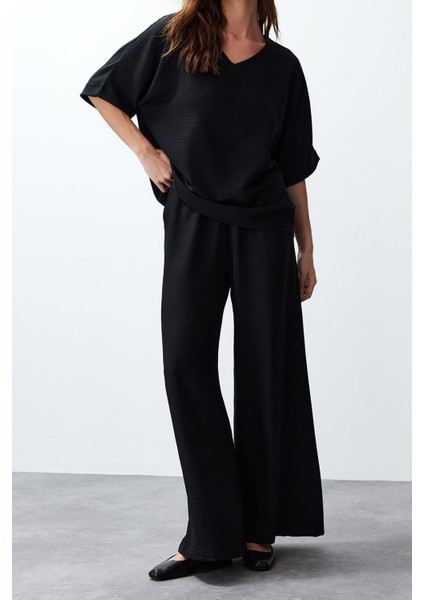 Tarz Kadın Modern Moda Normal Bel Boru Paça V Yaka V Yaka Dokuma Bluz-Pantolon Takım indirimleri