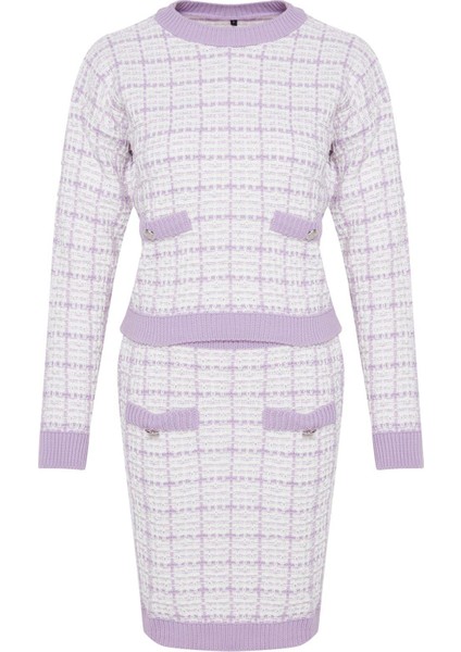 Tarz Kadın Modern Moda Normal Bel Boru Paça Bisiklet Yaka Tüvit Görünümlü Simli Triko Alt-Üst Takım indirimleri