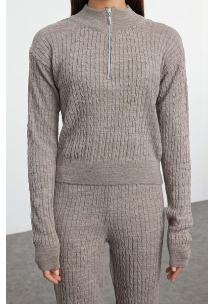 Tarz Kadın Modern Moda Normal Bel Boru Paça Dik Yaka Fermuarlı Triko Alt-Üst Takım