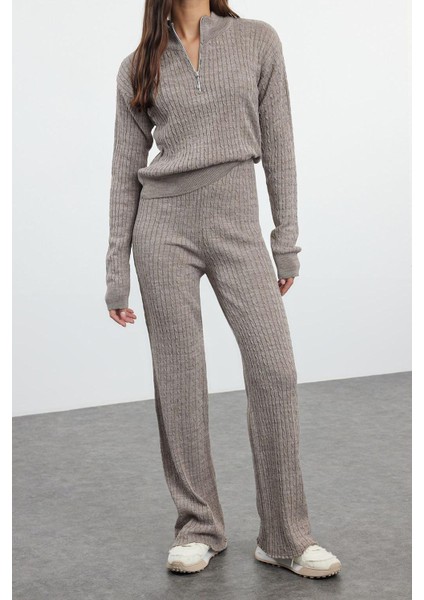 Tarz Kadın Modern Moda Normal Bel Boru Paça Dik Yaka Fermuarlı Triko Alt-Üst Takım indirimleri
