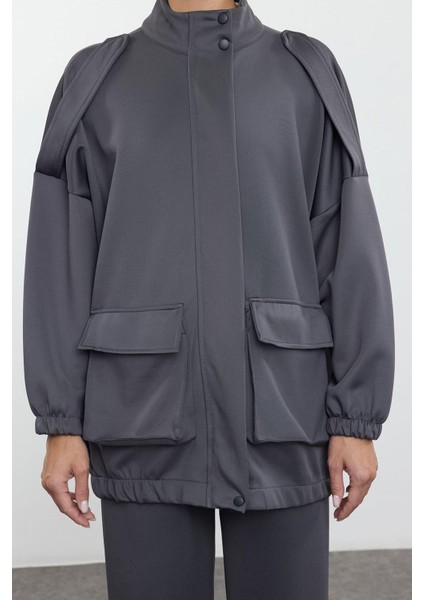 Tarz Kadın Modern Moda Normal Bel Boru Paça V Yaka Cep Detaylı Dik Yaka Örme Alt-Üst Takım