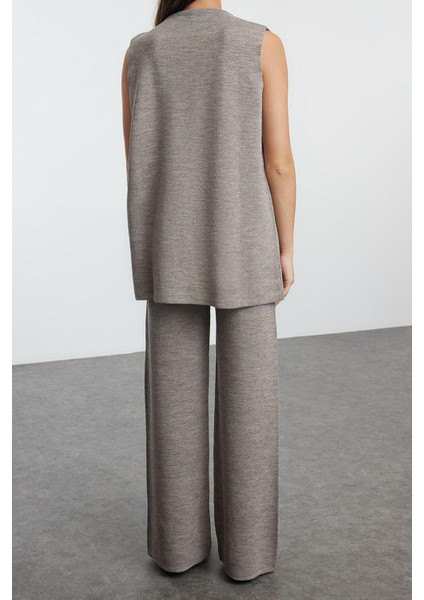 Tarz Kadın Modern Moda Normal Bel Boru Paça Bisiklet Yaka Düğme Detaylı Triko Alt-Üst Takım modelleri