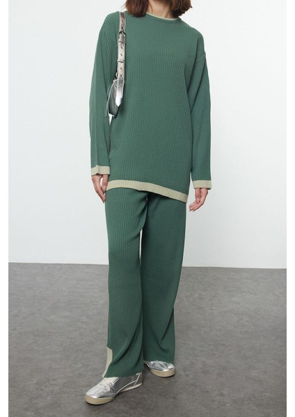 Tarz Kadın Modern Normal Bel Geniş Paça Bisiklet Yaka Yeşili Renkli Biye Detaylı Triko Alt-Üst Takım indirimleri