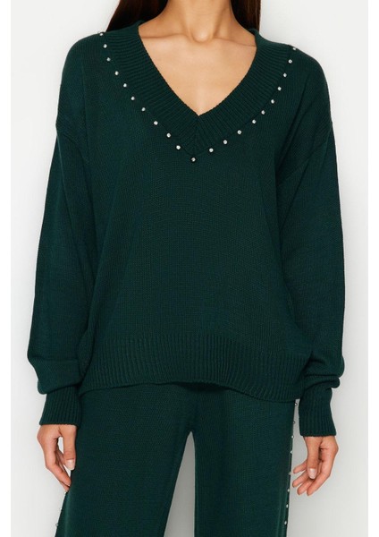 Tarz Kadın Modern Moda Normal Bel Boru Paça V Yaka Geniş Kalıp Taş Detaylı Triko Alt-Üst Takım fırsatları