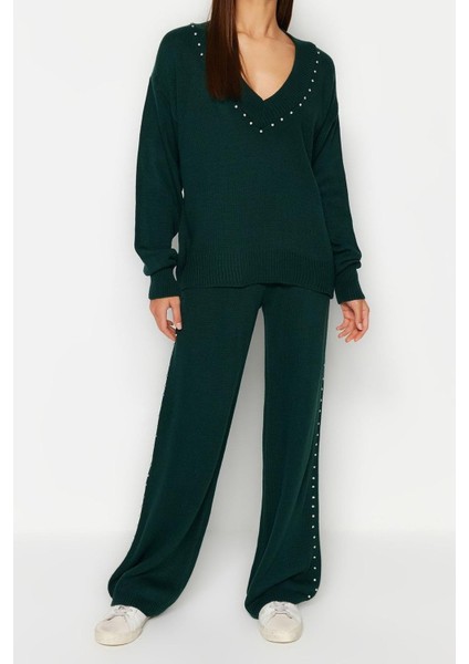 Tarz Kadın Modern Moda Normal Bel Boru Paça V Yaka Geniş Kalıp Taş Detaylı Triko Alt-Üst Takım indirimleri