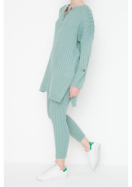 Tarz Kadın Modern Moda Normal Bel Dar Paça Bisiklet Yaka Fitilli Geniş Kalıp Triko Alt-Üst Takım