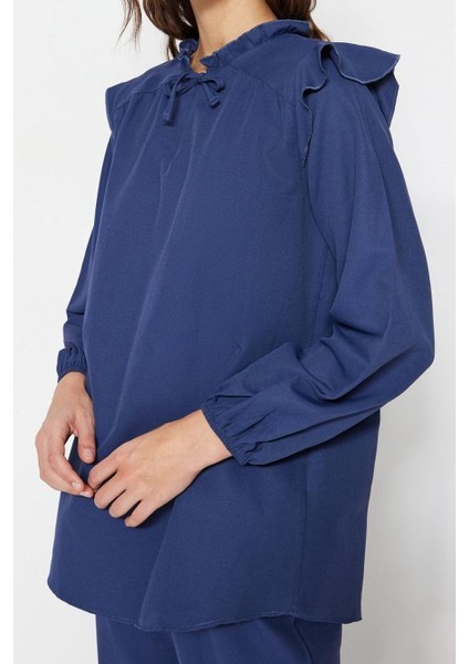 Tarz Kadın Modern Moda Yüksek Bel Lastikli Paça Bisiklet Yaka Denim Görünümlü Tunik-Pantolon Takım