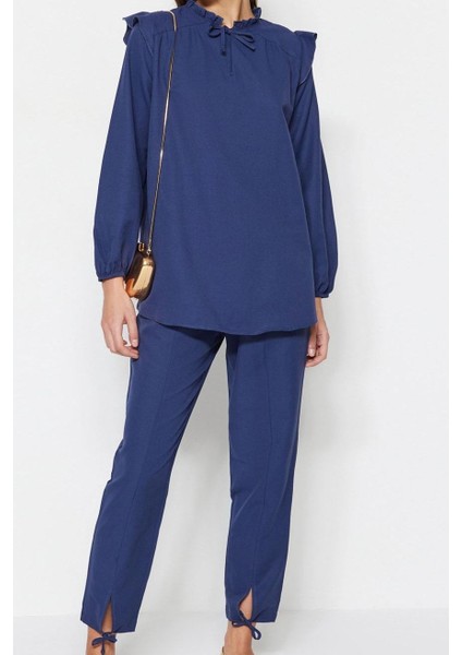 Tarz Kadın Modern Moda Yüksek Bel Lastikli Paça Bisiklet Yaka Denim Görünümlü Tunik-Pantolon Takım fiyatları