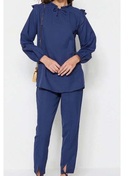 Tarz Kadın Modern Moda Yüksek Bel Lastikli Paça Bisiklet Yaka Denim Görünümlü Tunik-Pantolon Takım modelleri