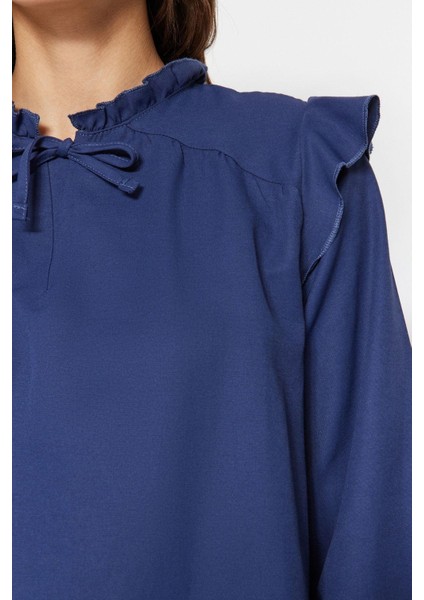 Tarz Kadın Modern Moda Yüksek Bel Lastikli Paça Bisiklet Yaka Denim Görünümlü Tunik-Pantolon Takım fırsatları