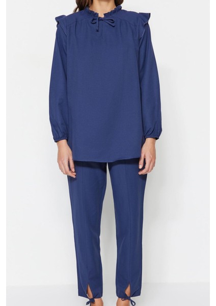 Tarz Kadın Modern Moda Yüksek Bel Lastikli Paça Bisiklet Yaka Denim Görünümlü Tunik-Pantolon Takım indirimleri