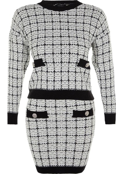 Tarz Kadın Modern Moda Normal Bel Boru Paça Bisiklet Yaka Tüvit Görünümlü Simli Triko Alt-Üst Takım indirimleri