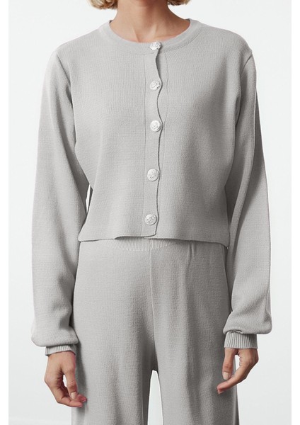 Tarz Kadın Modern Moda Normal Bel Boru Paça Bisiklet Yaka Crop Hırka-Pantalon Triko Alt-Üst Takım