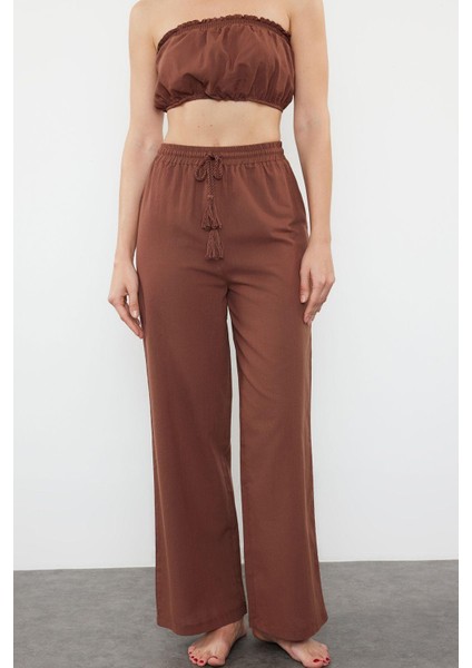Tarz Kadın Modern Normal Bel Boru Paça Straplez Kahverengi Dokuma %100 Pamuklu Bluz Pantolon Takım