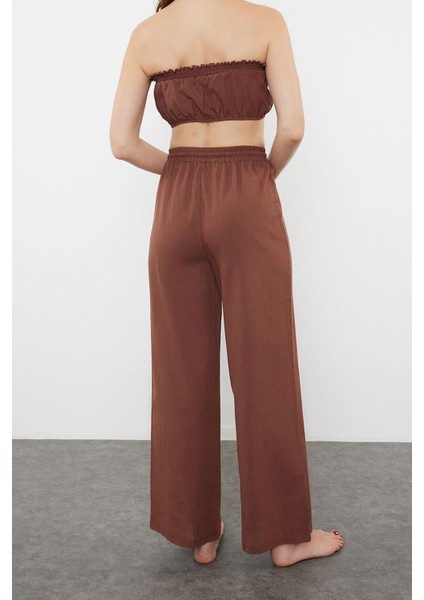 Tarz Kadın Modern Normal Bel Boru Paça Straplez Kahverengi Dokuma %100 Pamuklu Bluz Pantolon Takım modelleri