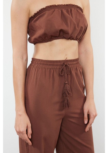 Tarz Kadın Modern Normal Bel Boru Paça Straplez Kahverengi Dokuma %100 Pamuklu Bluz Pantolon Takım fırsatları