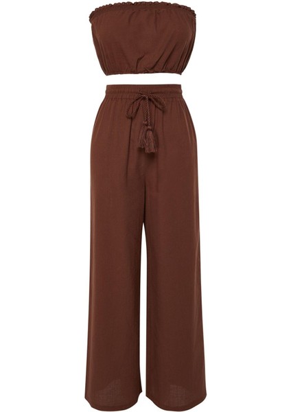 Tarz Kadın Modern Normal Bel Boru Paça Straplez Kahverengi Dokuma %100 Pamuklu Bluz Pantolon Takım indirimleri