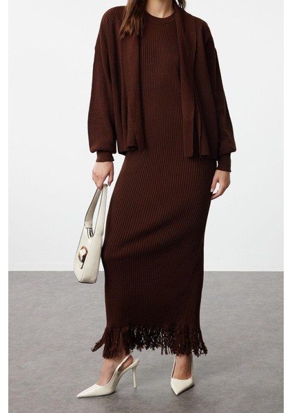 Tarz Kadın Modern Moda Normal Bel Boru Paça V Yaka Püskül Detaylı Triko Hırka Elbise Alt-Üst Takım