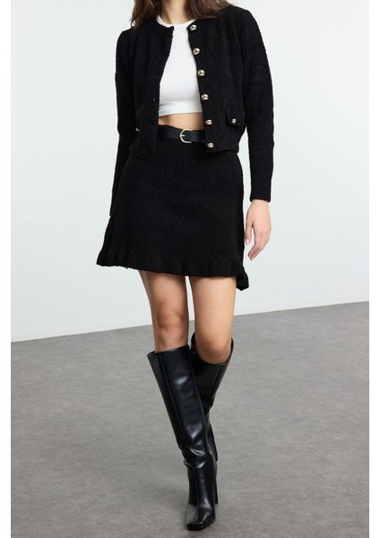 Tarz Kadın Modern Moda Normal Bel Boru Paça Bisiklet Yaka Buklet Kemerli Triko Alt-Üst Takım indirimleri