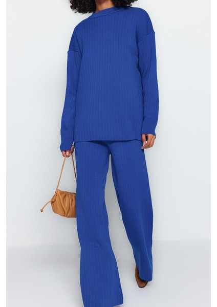 Tarz Kadın Modern Moda Yüksek Bel Geniş Paça Dik Yaka Geniş Kalıp Basic Triko Alt-Üst Takım