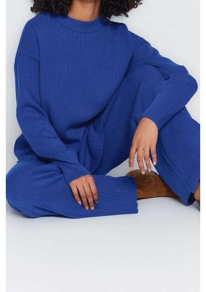 Tarz Kadın Modern Moda Yüksek Bel Geniş Paça Dik Yaka Geniş Kalıp Basic Triko Alt-Üst Takım fiyatları