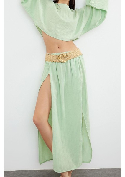 Tarz Kadın Modern Moda Normal Bel Boru Paça Kayık Yaka Mint Dokuma Yırtmaçlı Müslin Bluz Etek Takım