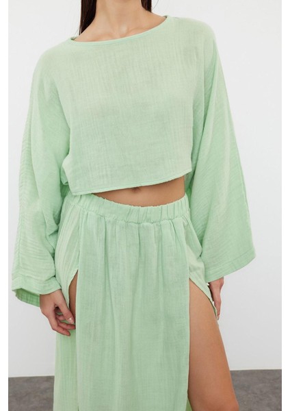 Tarz Kadın Modern Moda Normal Bel Boru Paça Kayık Yaka Mint Dokuma Yırtmaçlı Müslin Bluz Etek Takım fırsatları