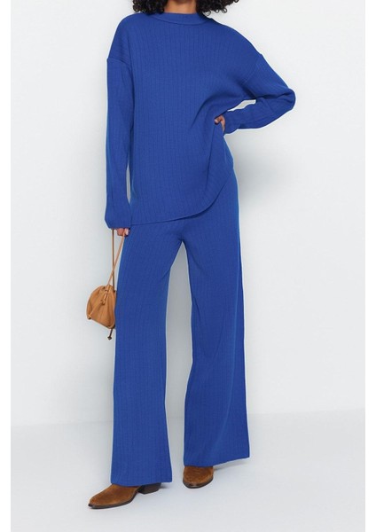 Tarz Kadın Modern Moda Yüksek Bel Geniş Paça Dik Yaka Geniş Kalıp Basic Triko Alt-Üst Takım fırsatları