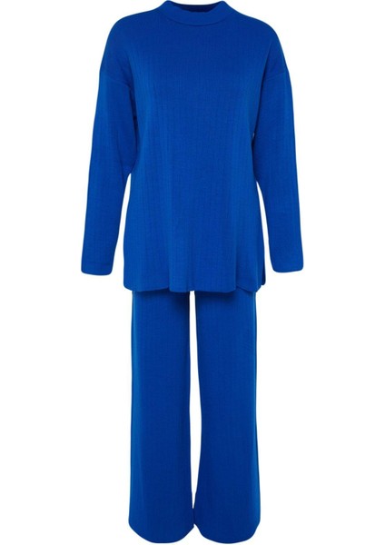 Tarz Kadın Modern Moda Yüksek Bel Geniş Paça Dik Yaka Geniş Kalıp Basic Triko Alt-Üst Takım indirimleri