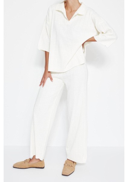 Tarz Kadın Modern Moda Normal Bel Boru Paça Polo Yaka Basic Fitilli Triko Alt-Üst Takım fırsatları