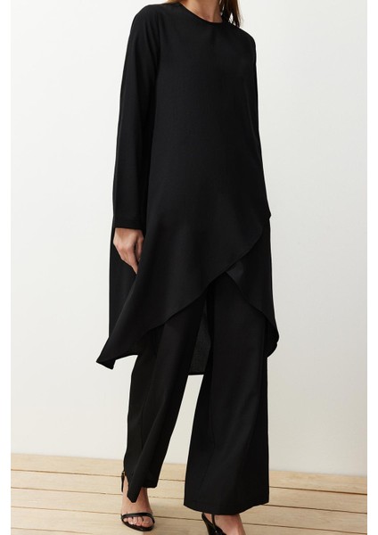 Tarz Kadın Modern Moda Normal Bel Boru Paça V Yaka Asimetrik Dokuma Tunik Pantolon Alt-Üst Takım modelleri