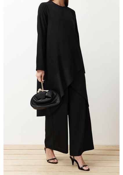 Tarz Kadın Modern Moda Normal Bel Boru Paça V Yaka Asimetrik Dokuma Tunik Pantolon Alt-Üst Takım fırsatları