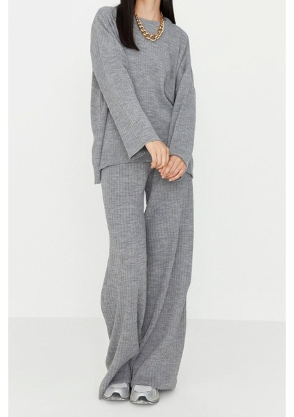 Tarz Kadın Modern Moda Normal Bel Boru Paça Bisiklet Yaka Basic Bisiklet Yaka Triko Alt-Üst Takım