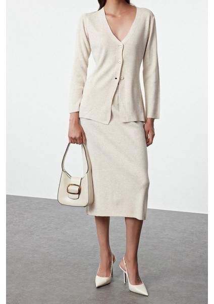 Tarz Kadın Modern Moda Normal Bel Boru Paça V Yaka Kahverengi Triko Alt-Üst Takım indirimleri