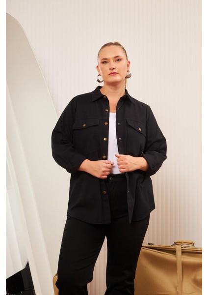 Büyük Beden Gabardin Gömlek Siyah