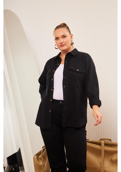 Büyük Beden Gabardin Gömlek Siyah fırsatları