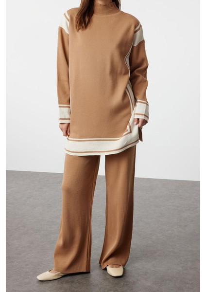 Tarz Kadın Normal Bel Boru Paça Dik Yaka Rahat Kesim Triko Çizgili Tunik-Pantolon Alt-Üst Takım fiyatları