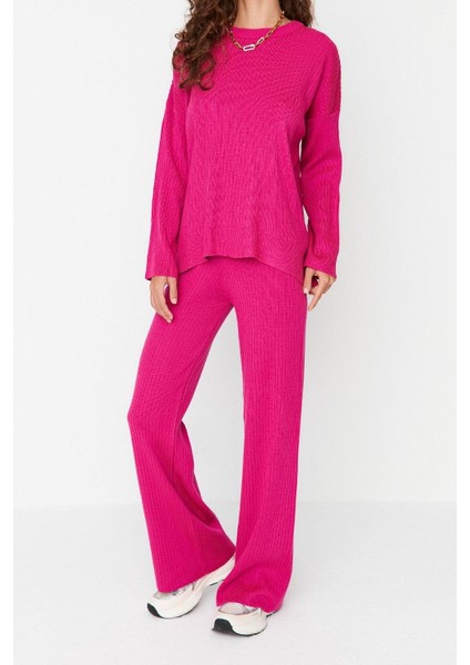 Tarz Kadın Modern Moda Normal Bel Boru Paça Bisiklet Yaka Basic Bisiklet Yaka Triko Alt-Üst Takım