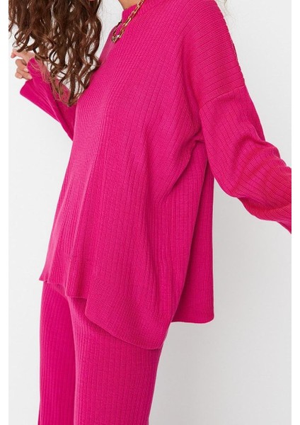 Tarz Kadın Modern Moda Normal Bel Boru Paça Bisiklet Yaka Basic Bisiklet Yaka Triko Alt-Üst Takım fırsatları