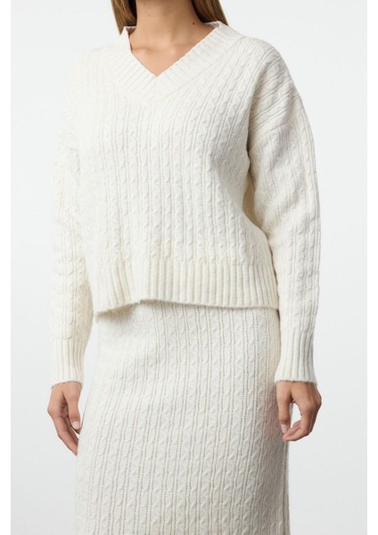 Tarz Kadın Modern Moda Normal Bel Boru Paça V Yaka Yünlü Saç Örgü Triko Alt-Üst Takım