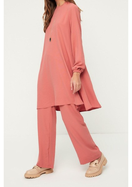 Tarz Kadın Modern Yüksek Bel Geniş Paça Kolu Lastikli Bol Paça Aerobin Tunik-Pantolon Dokuma Takım fiyatları