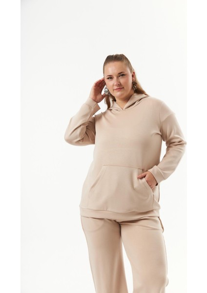 Büyük Beden Kanguru Cepli Modal Sweatshirt Vizon