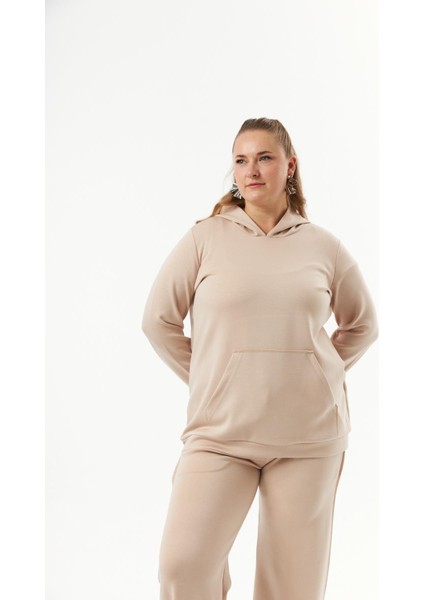Büyük Beden Kanguru Cepli Modal Sweatshirt Vizon